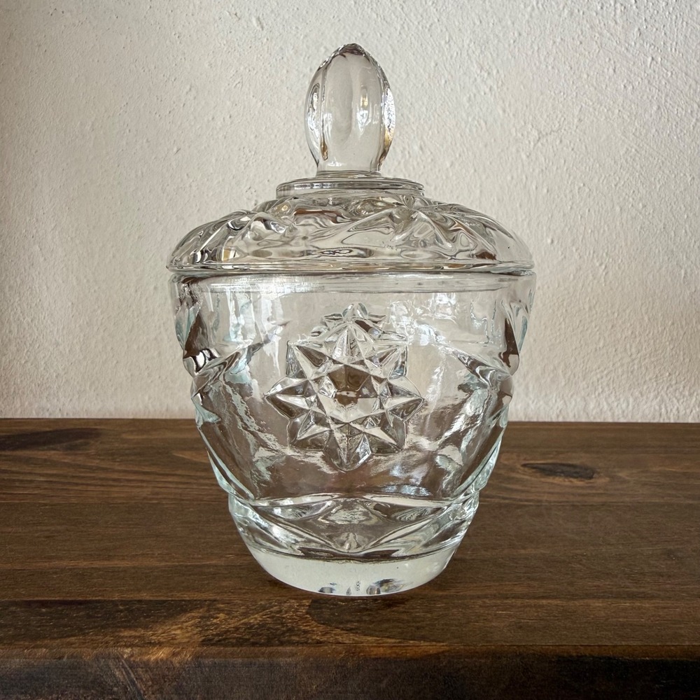 Vintage Anchor Hocking Star Of David Covered Sugar Bowl Clear Glass EAPC W/ Lid